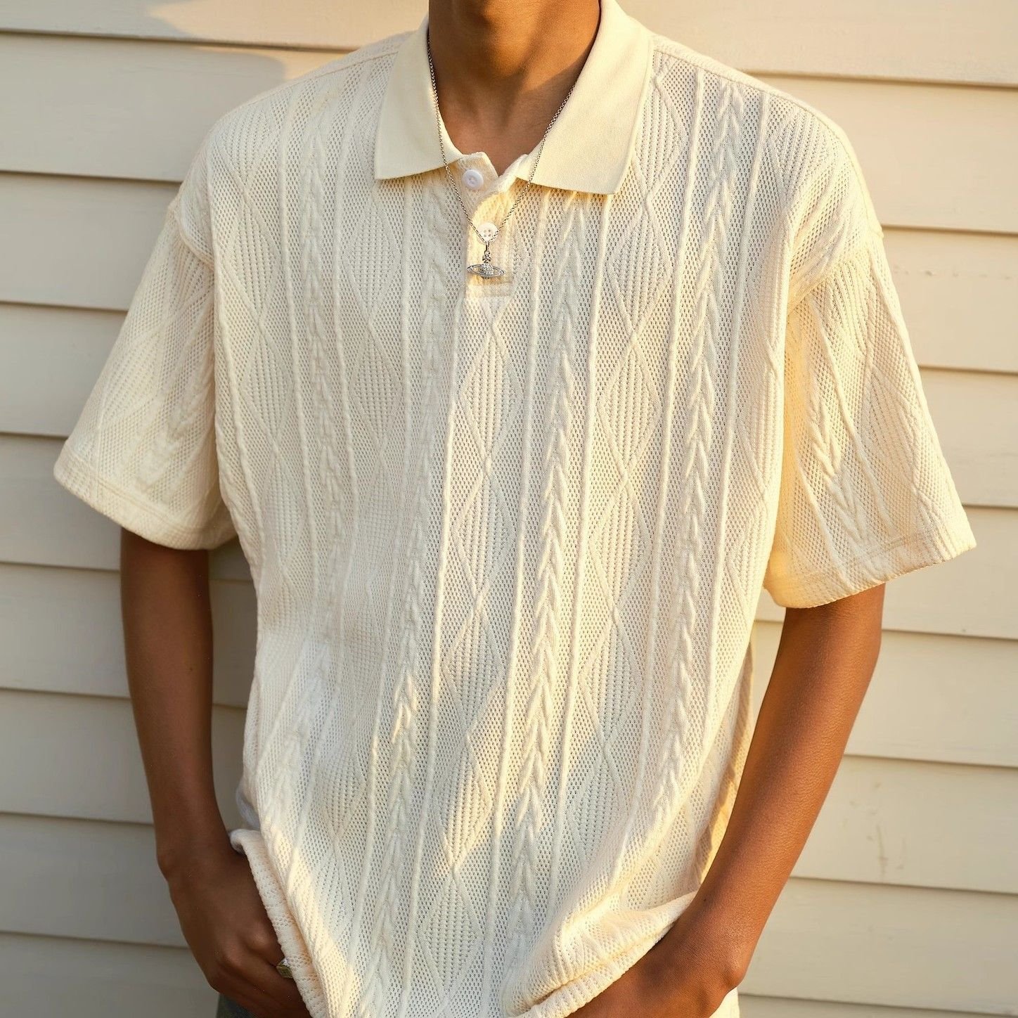 Retro textured short-sleeved men's polo shirt